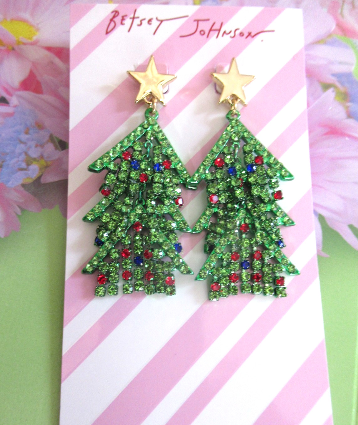 BETSEY JOHNSON Crystal Embellished Christmas Tree Drop Earrings Holiday NWT $78
