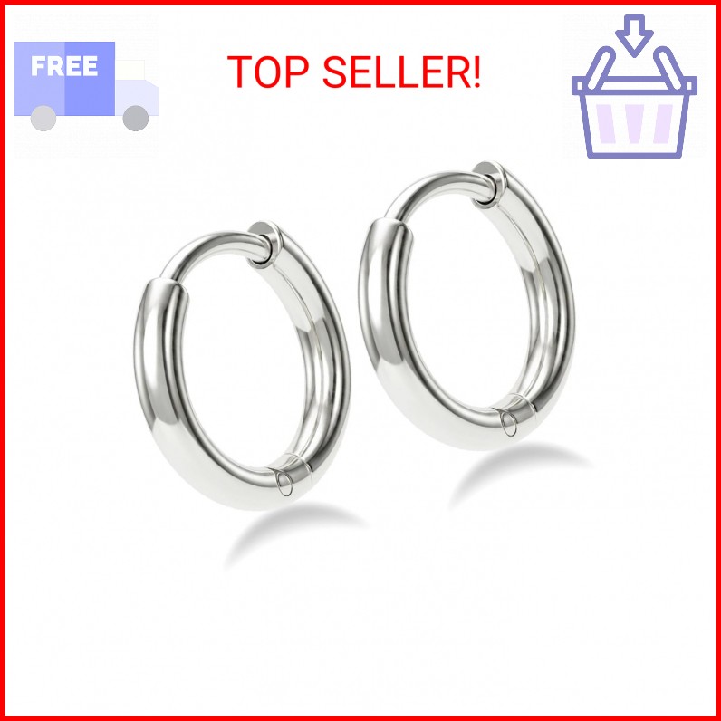 316L Surgical Steel 8mm Small Silver Hoop Earrings for Men Women, 1.6mm Thin Hug