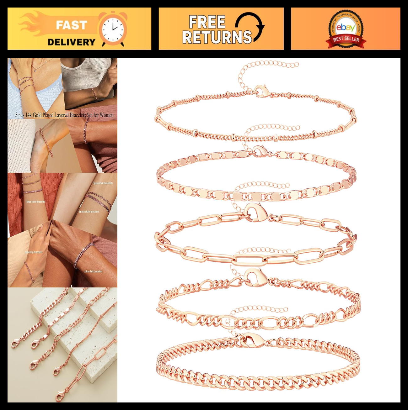 Trendy Gold Bracelet Set for Women – Non-Tarnish Stackable Paperclip & Cuban Lin