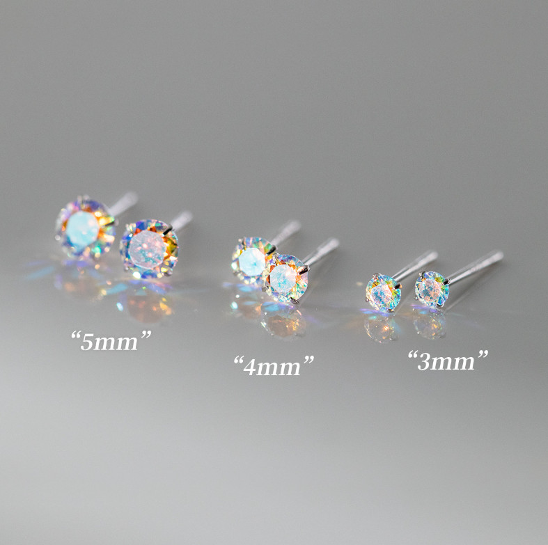 S925 Sterling Silver Tiny AB Crystal Round Girl Women Stud Post Earrings 3/4/5mm