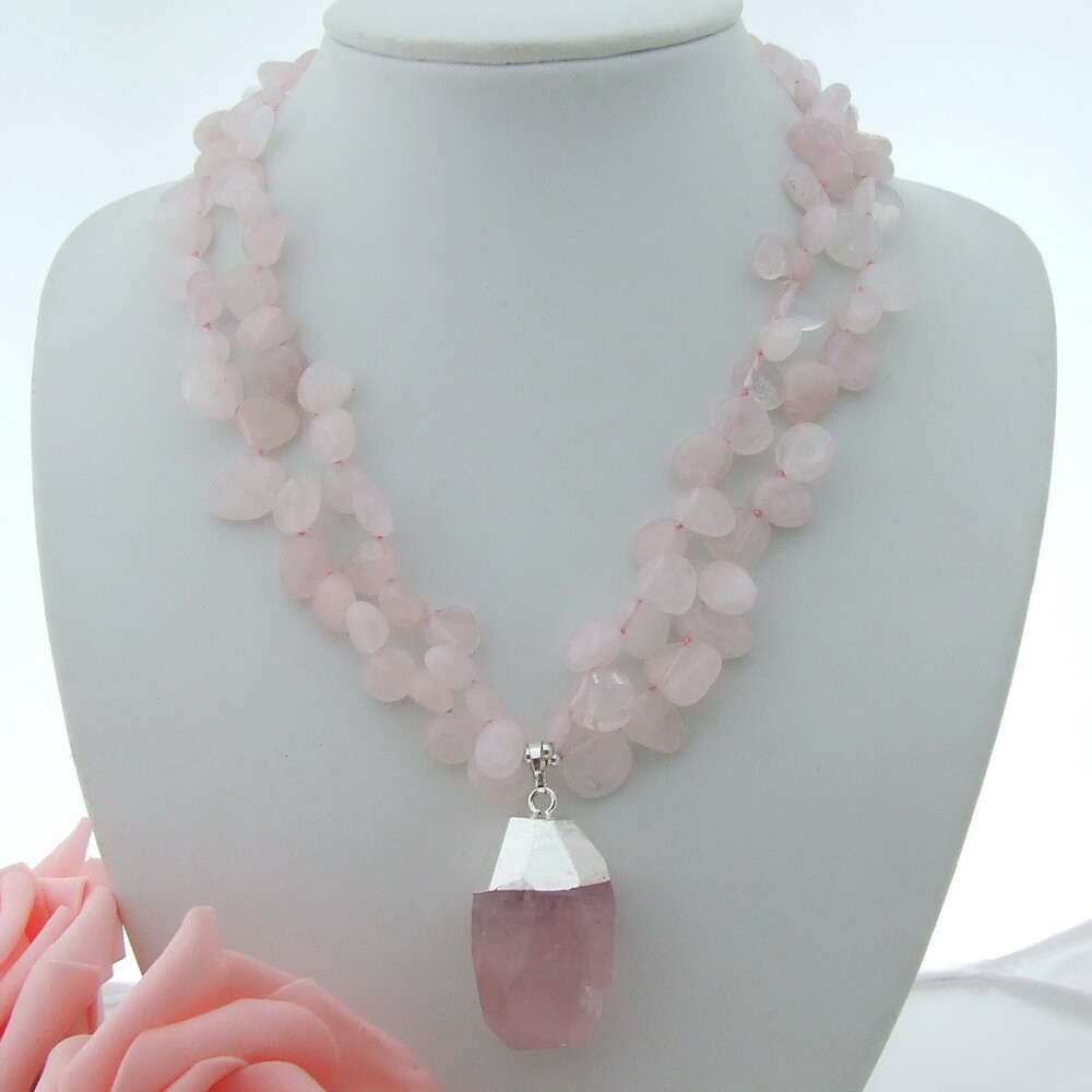 18″ 2 Strands natural Rose Quartz Necklace Rose Quartz Pendant