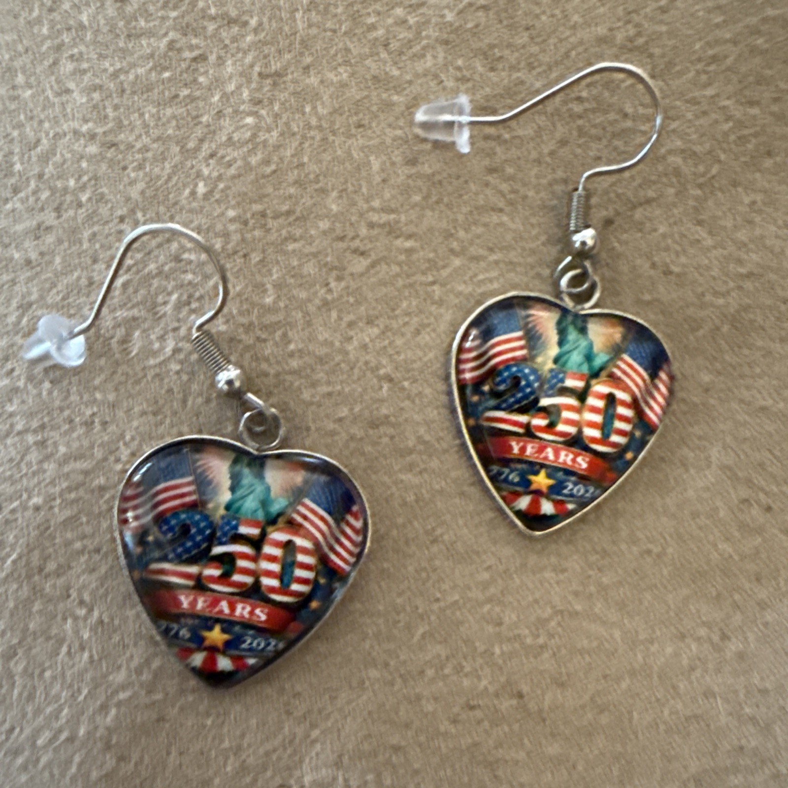 250th Anniversary W/American Flags/Statue Of LibertyDangle Heart Shaped Earrings