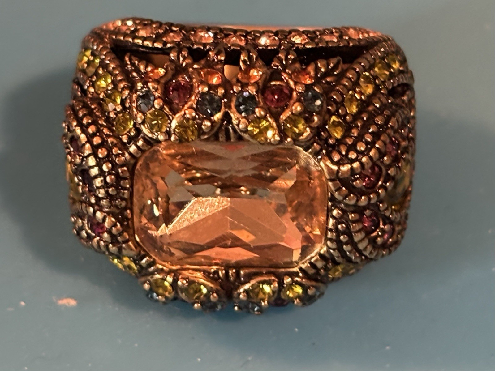 Heidi Daus Signed Adjustable Bracelet & Ring Set Gold Tone Orange Crystal