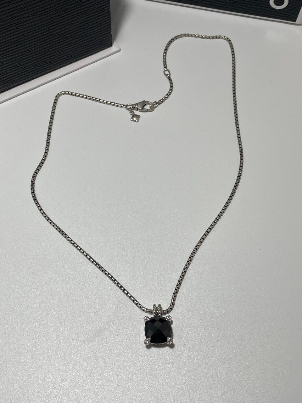Silver David Yurman 11MM Chatelaine Pendant Necklace with Black Onyx & Diamonds