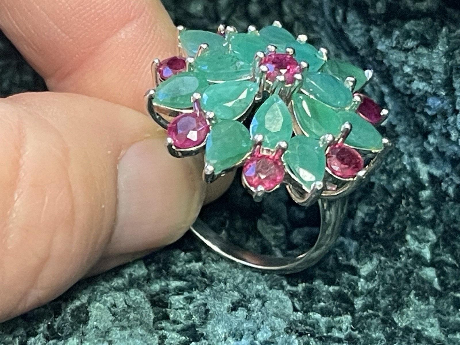 Emerald & Ruby 925 Cocktail Ring Size 9 NEW Christmas Red Green Silver