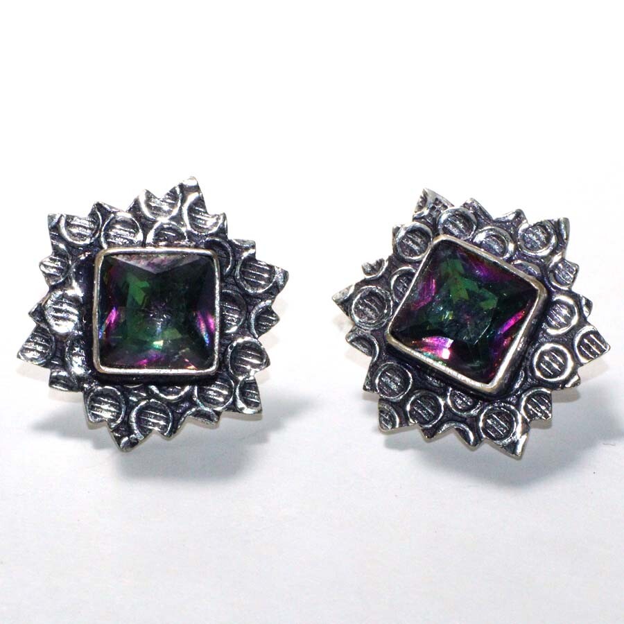 Chunky Mystic Topaz Faceted Stud Square Earrings Jewelry Size 0.7″ GW