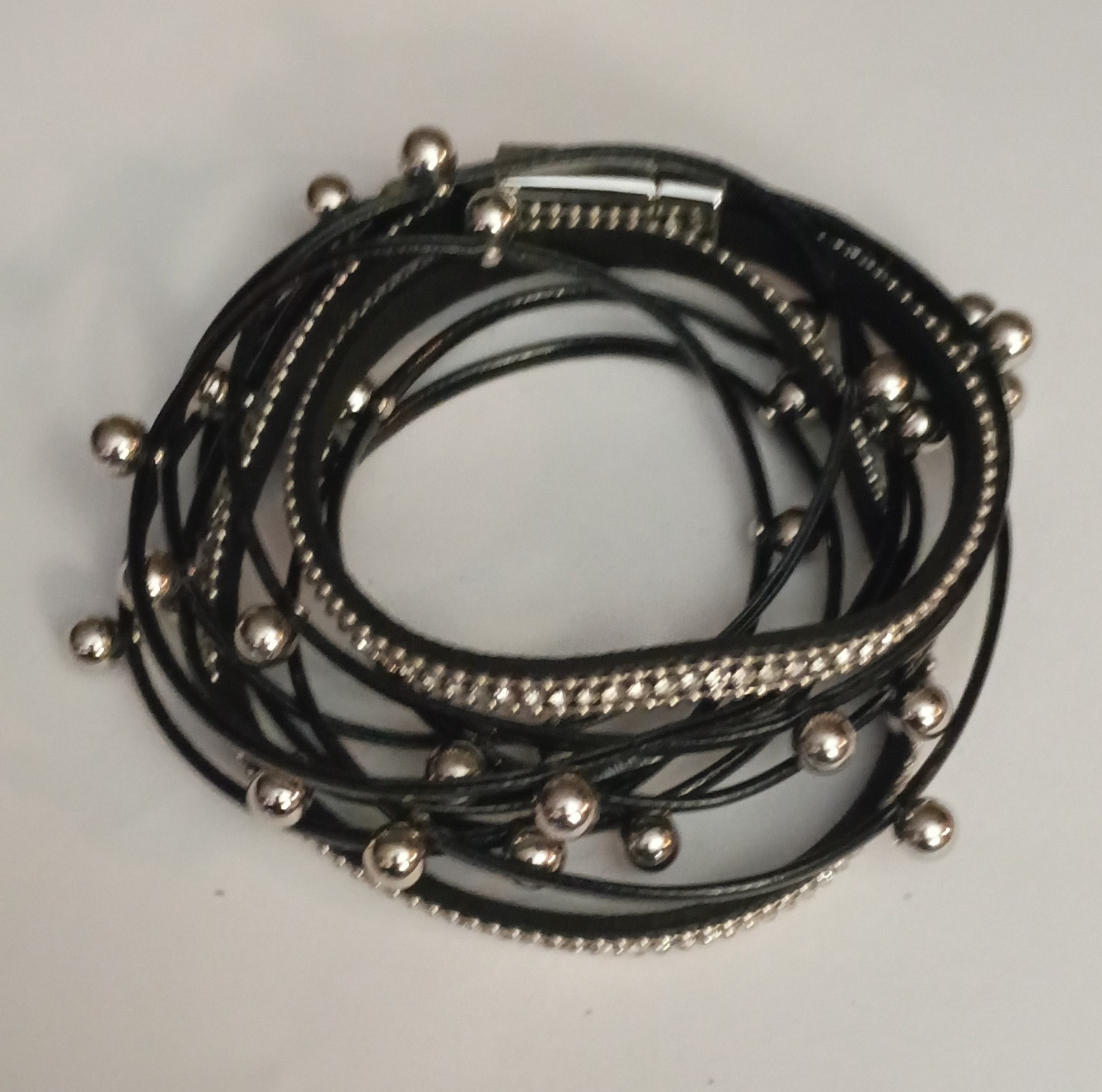 Black Cord Wrap Beaded Bracelet Silver Tone Beads Slide Closure Adjustable