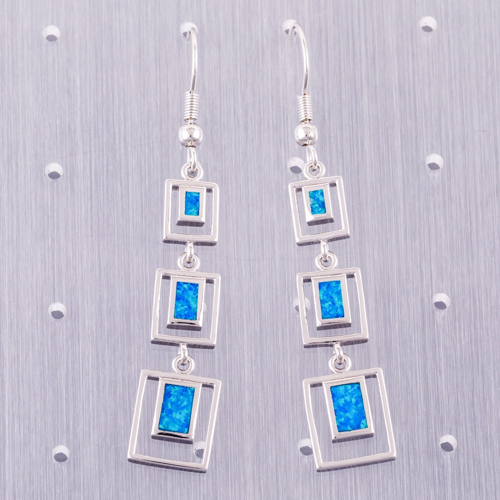 3 Rectangle Shape Ocean Blue Fire Opal Silver Jewelry Dangle Drop Earrings