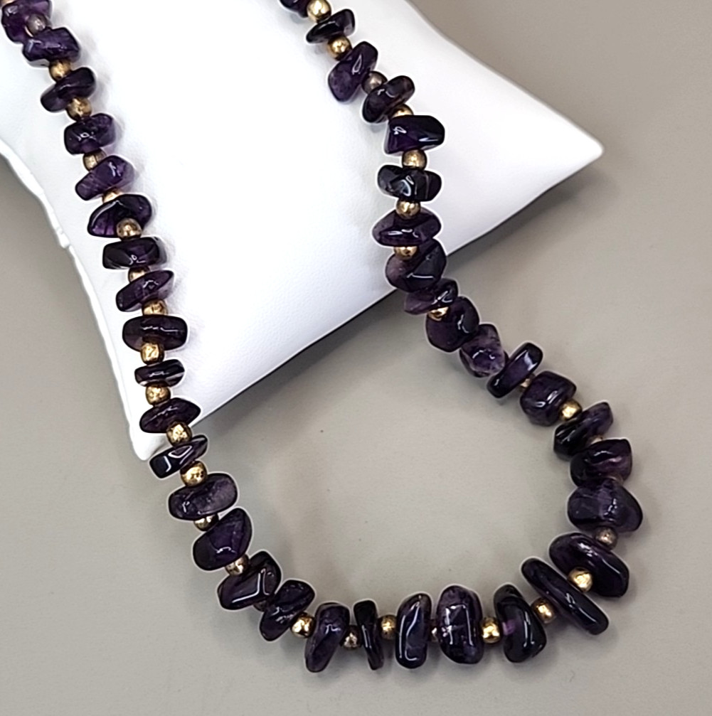 Amethyst Beaded Necklace Graduated Gold Tone Accents Polished Stones 18″