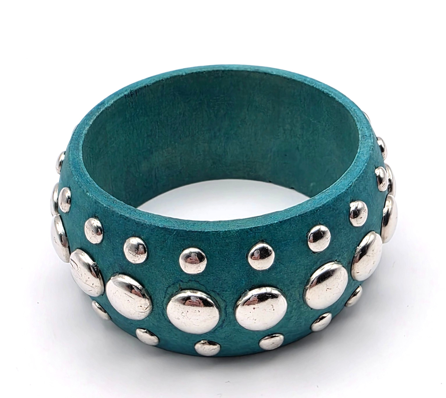 Wide Chunky Silver Tone Studded Wooden Bangle Blue Teal Bracelet Bold Statement