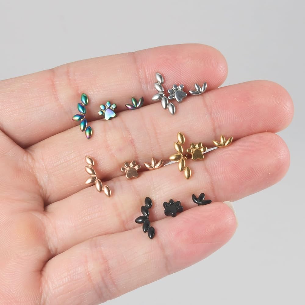 2Pcs 16G Stainless Steel Paw Cartilage Stud Earrings for Women Paw Print Flat…