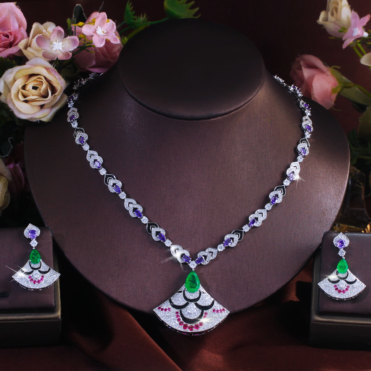 Women Unique Fan Pendant Necklace Earrings Silver Plated Zircon Jewelry Set Gift