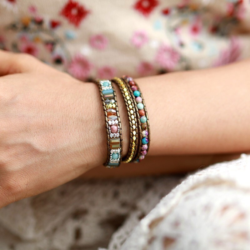 3 Layers Sediment Stone Beaded Leather Wrap Bracelet Meditation Chakra Yoga Gift