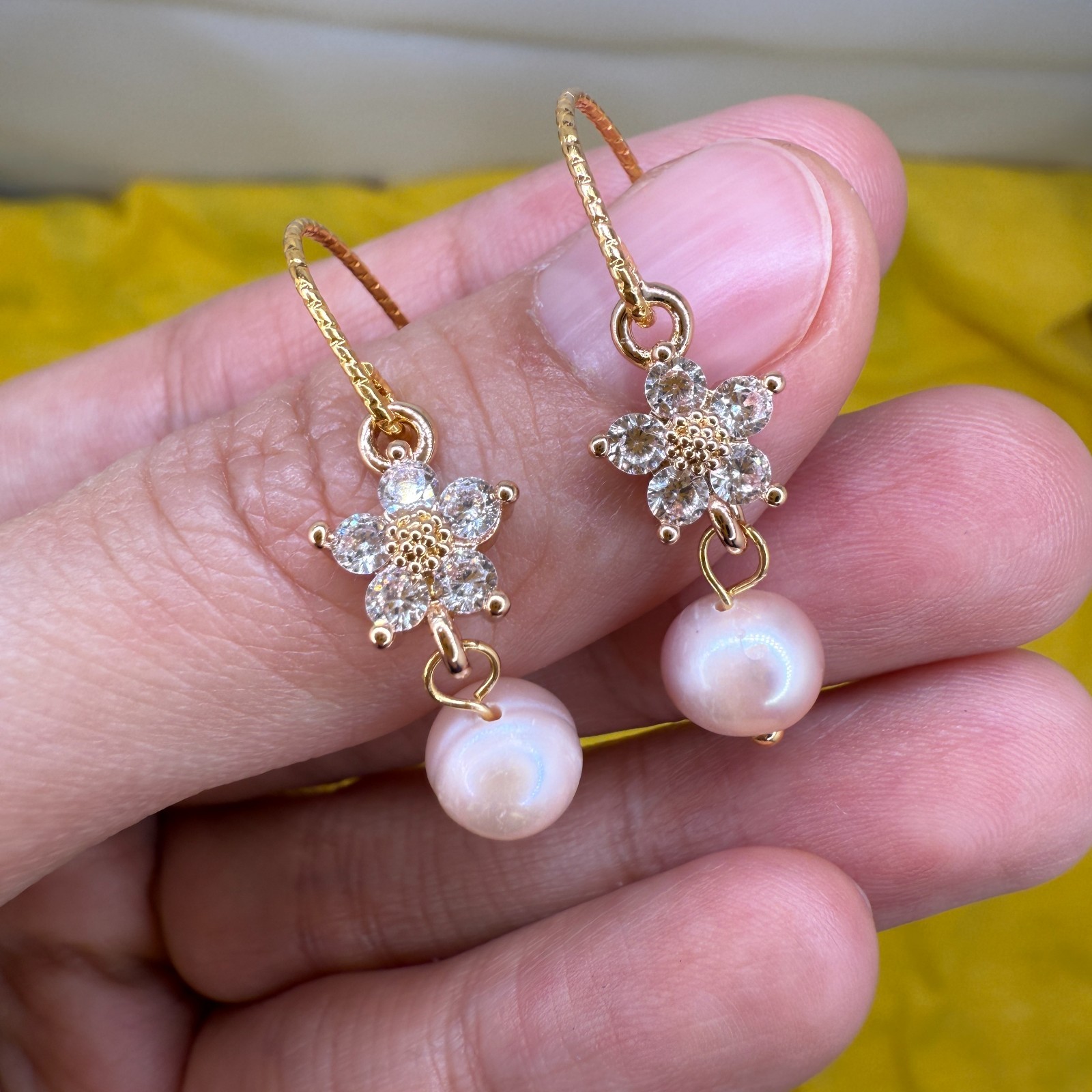 Natural Freshwater Pearl Earrings Bridal 14K Gold Plated Zircon Flower Bridal