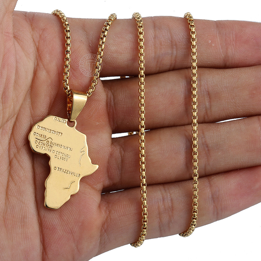 Gold Plated Stainless Steel Africa Continent Map Pendant Necklace Box Link Chain