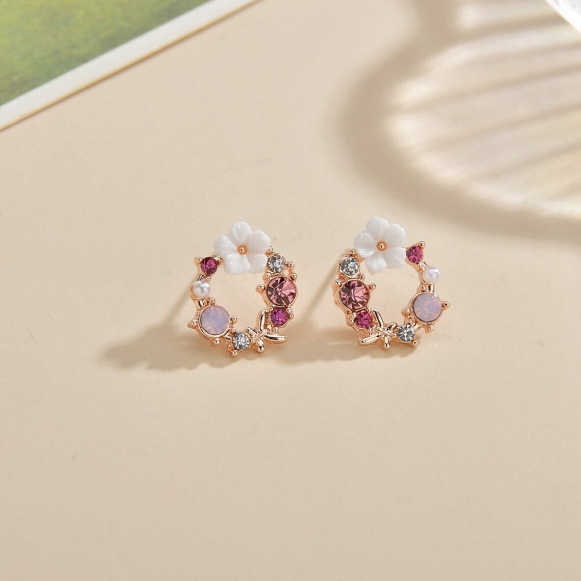 Natural Pearl Crystal Flower Stud Earrings Rose Gold Post Earrings Handmade