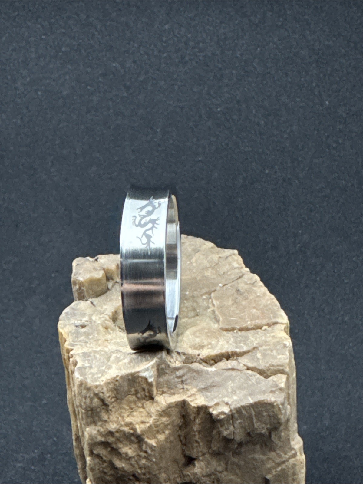 Concave Ring Laser Etched Dragon Design Stainless Steel 6mm