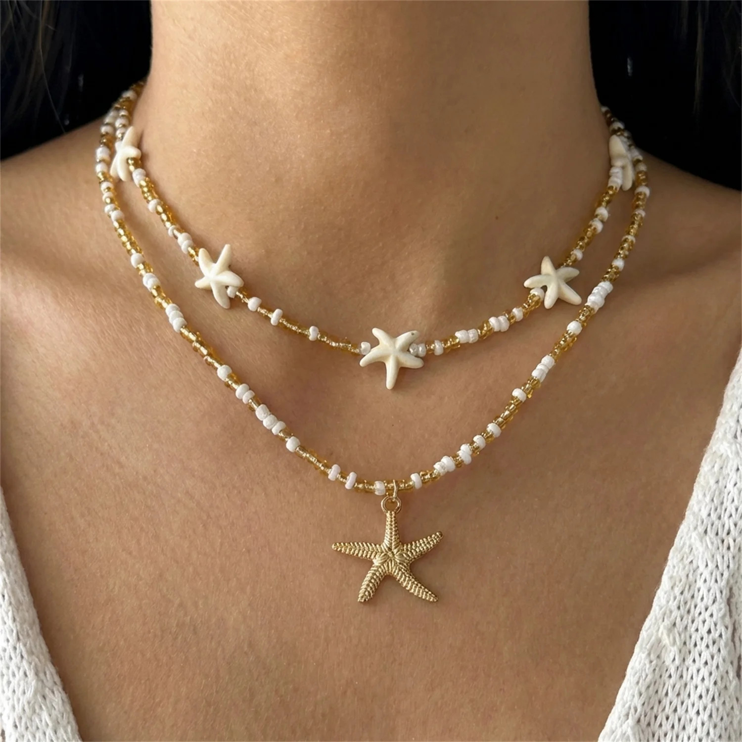Boho Multilayer Starfish Shell Conch Pendant Necklace For Women Trendy Summer Be