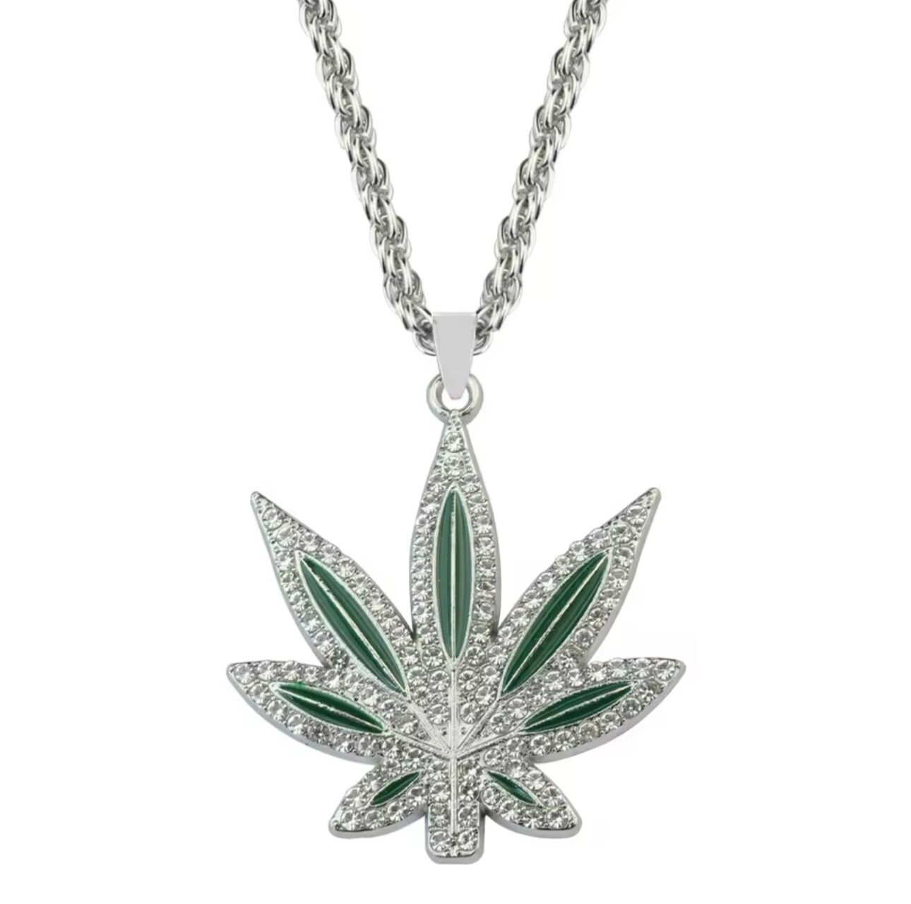 14K White Gold Plated CZ’s 20” Green Marijuana Leaf Rope Necklace