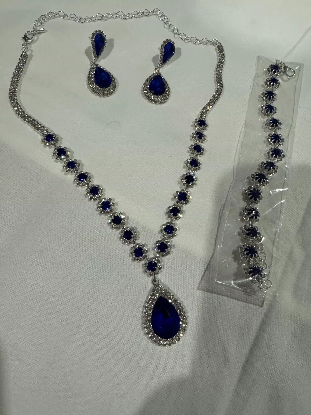 Crystal Necklace Earrings & Bracelet Jewelry Set Blue