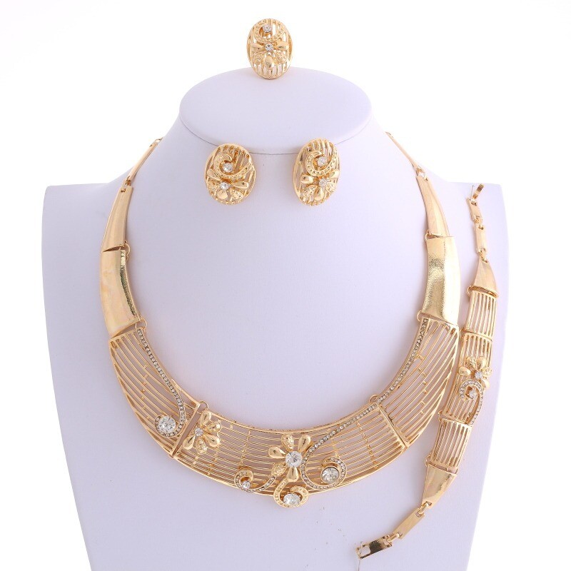 New Gold Plated Metal Choker Necklace Bracelet Earring Set HQX336-GLD