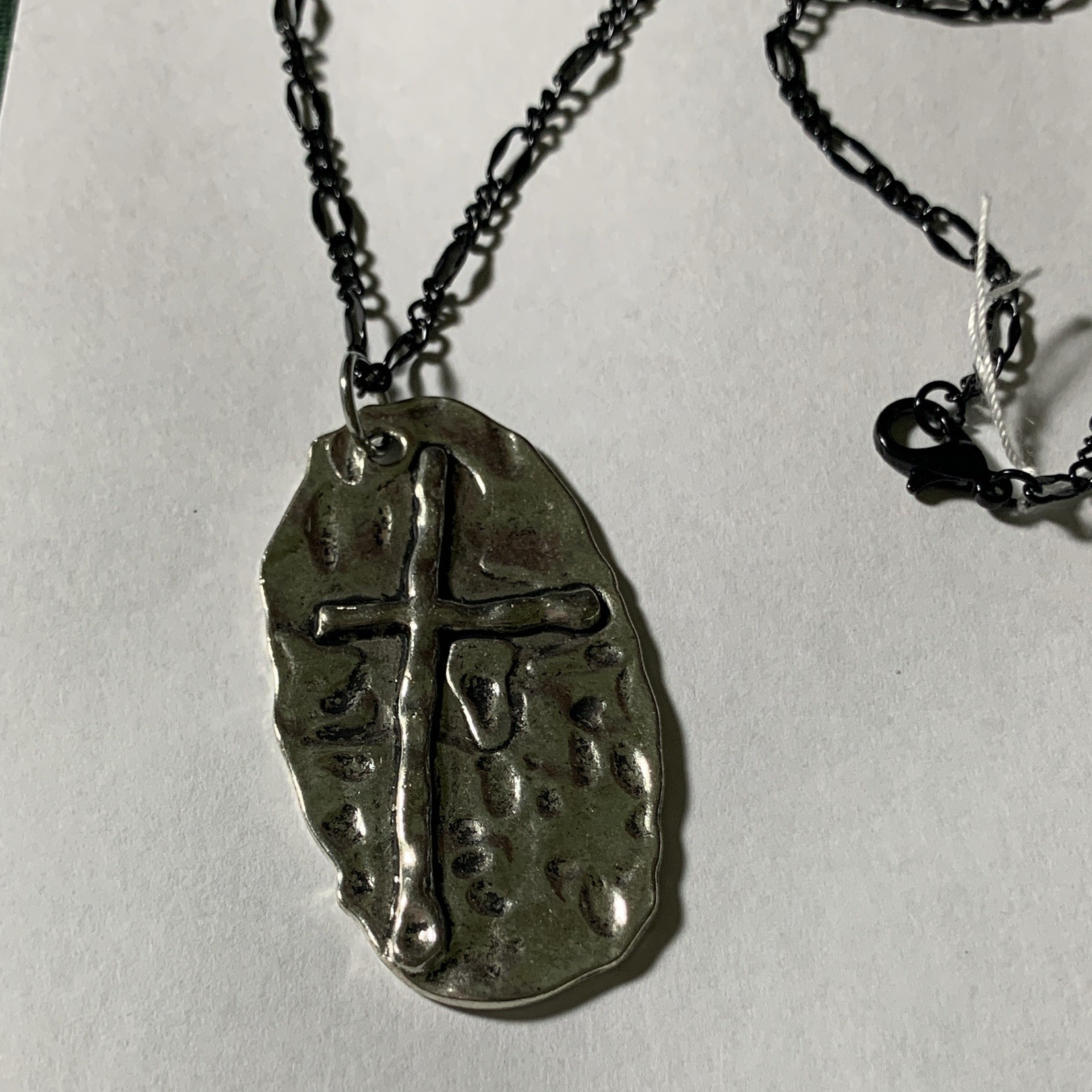 Silver Tone Cross Charm Pendant Necklace Black Cable Chain Lobster Clasp