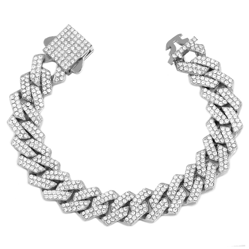 7/8/9inch 14MM Cuban Link Chain Bracelets Women Men Rhinestone Paved Prong Cuban