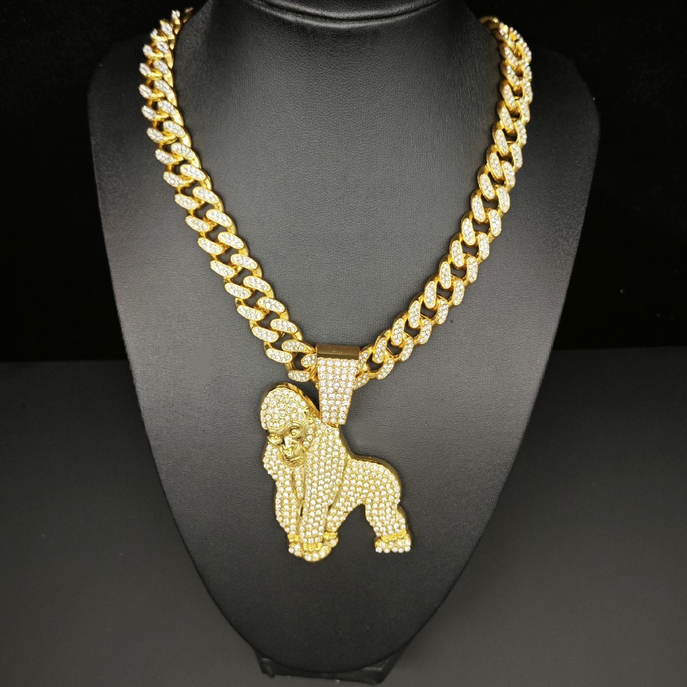 Hip Hop Iced CZ Bling Gorilla Ape Pendant Necklace Crystal Cuban Chain Jewelry