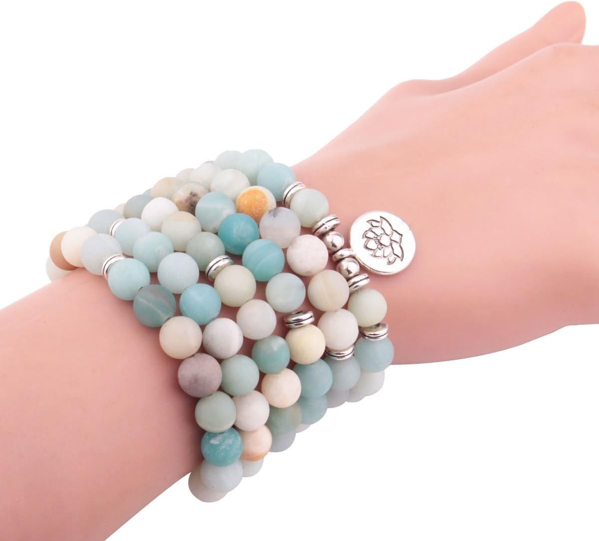 8mm Matte Amazonite 108 Mala Beads Wrap Bracelet Necklace Lotus Charm Yoga Jewel