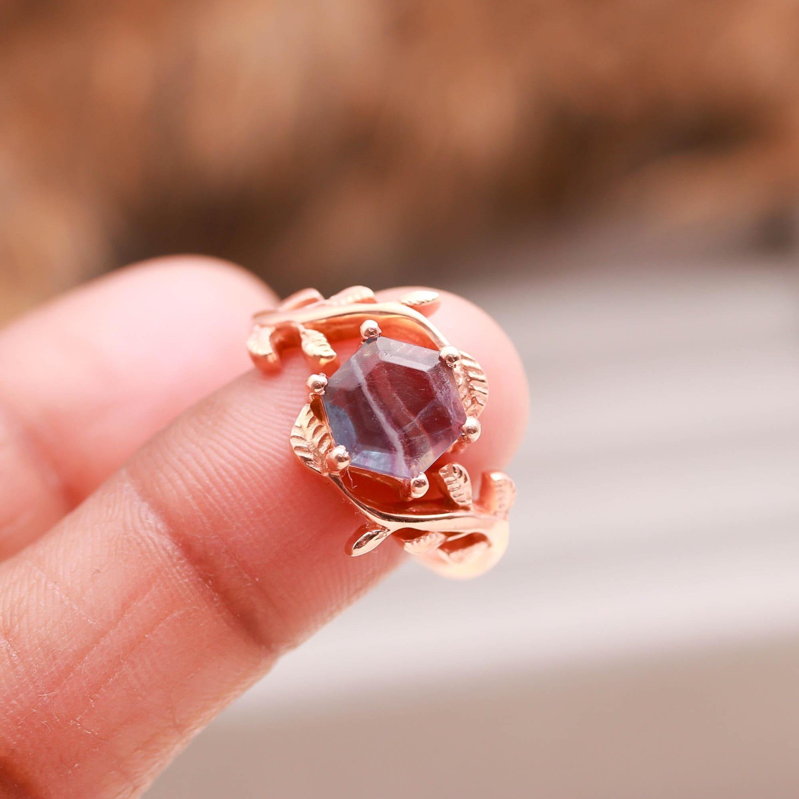 Natural Fluorite Hexagon Leaf Ring Rose Gold Filled 925 Sterling Silver Jewelry