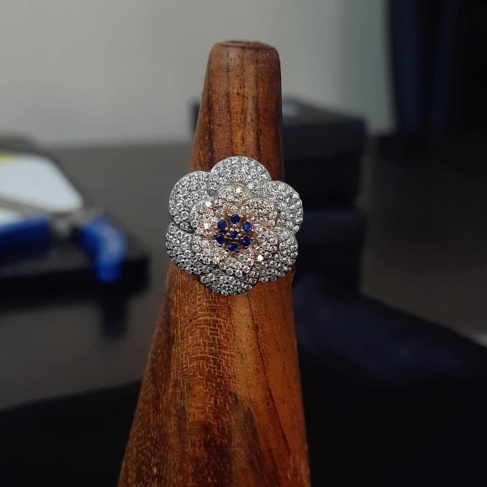 Flower CZ Ring with Blue Stone in Sterling Silver 925, Statement Ring 6.8