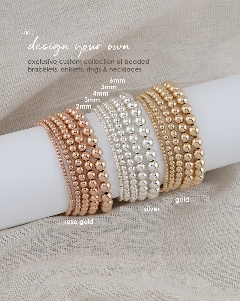 Lady 14k Gold Plated 4MM Beads Bead Stack Bracelets Women Bohemian Jewelry