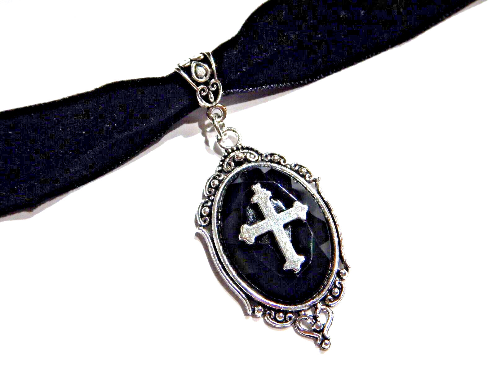 BLACK VELVET CROSS CAMEO CHOKER gothic crucifix vampire necklace 13-15″ I6