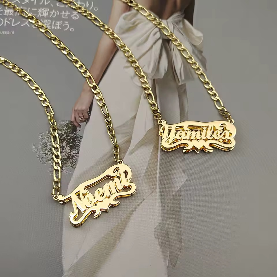 Custom Double Sided Name Necklace Jewelry Figaro Chain Stainless Steel Heart