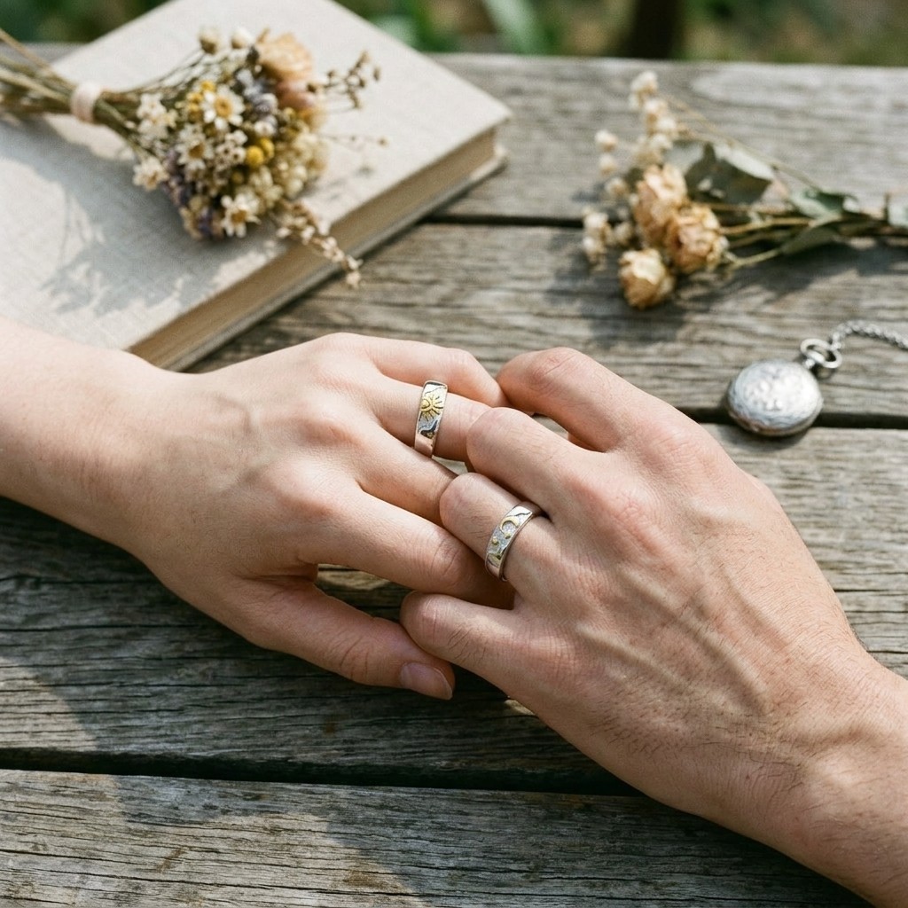 Sun Moon Star Adjustable Couple Promise Rings Set Matching Wedding Bands for Her