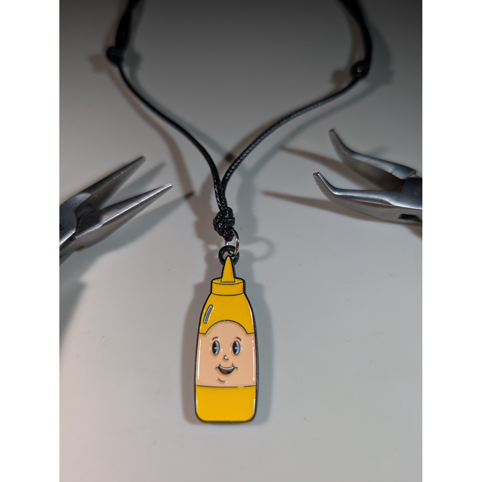 Yellow Mustard Bottle Character Enamel Pendant Adjustable Cord Necklace 14-27in