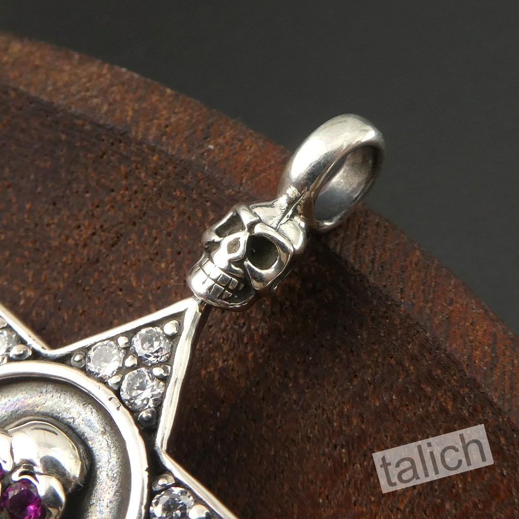 Shiny 925 Sterling Silver Six Pointed Star with Pink CZ Eye Skull Amulet Pendant