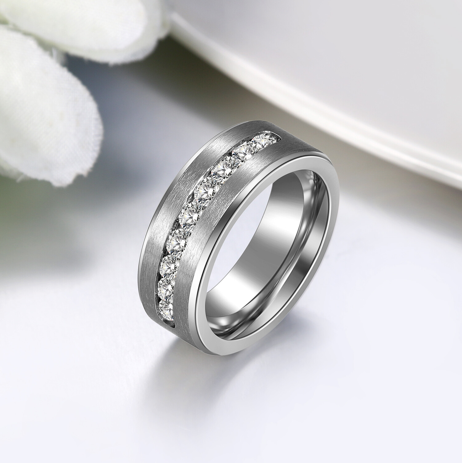 Men’s Women’s High Polish Stainless Steel Cubic Zircon Wedding Band Promise Ring