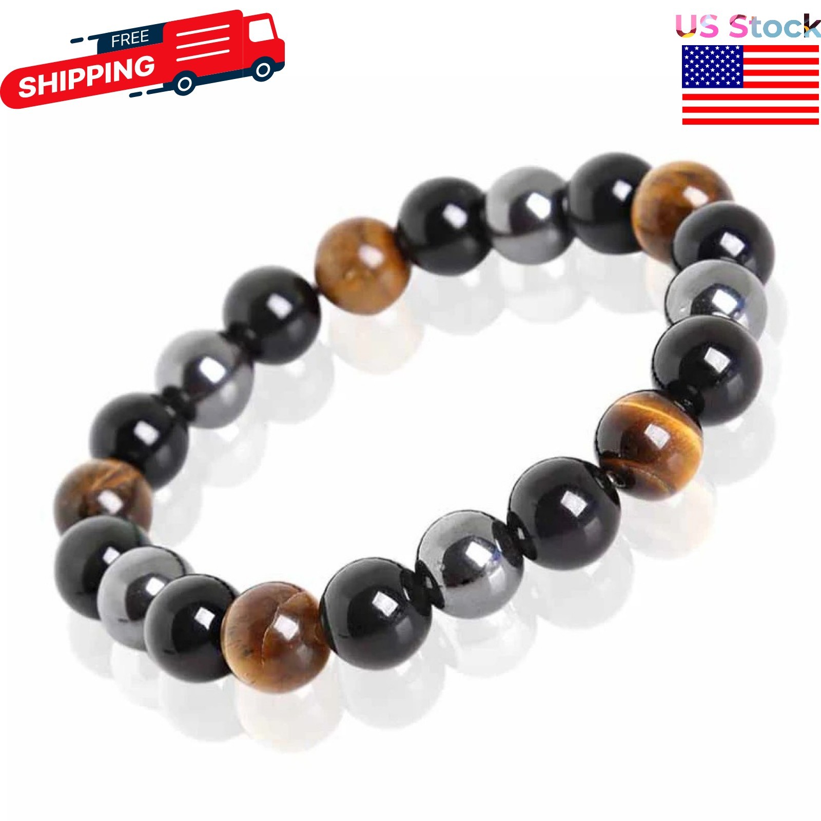 Energy Healing Stretch Bracelet Natural Stone Hematite Tiger Eye for Men Women