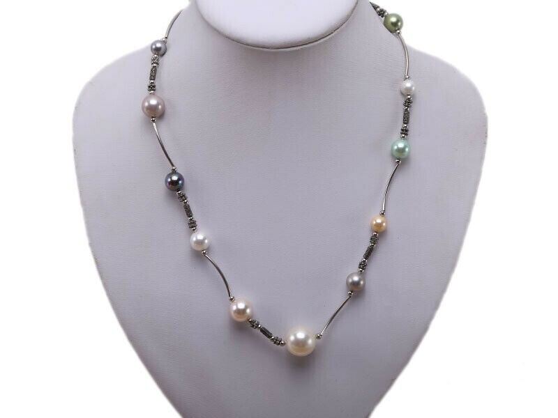 Gorgeous 8-16mm White/Multicolor Round Seashell Pearl Station Necklace 19″