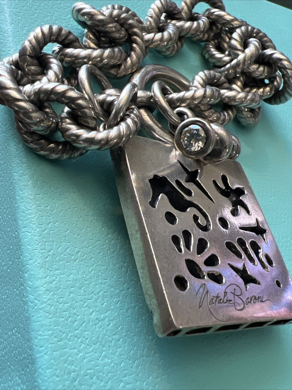 NATALIE BARONI Sterling Silver Portrait Charm Bracelet With Cz Signed 7.5”