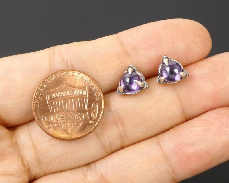 Sterling Silver Claw Set Purple Crystal Cabochon Tiny Stud Post Earrings Unique