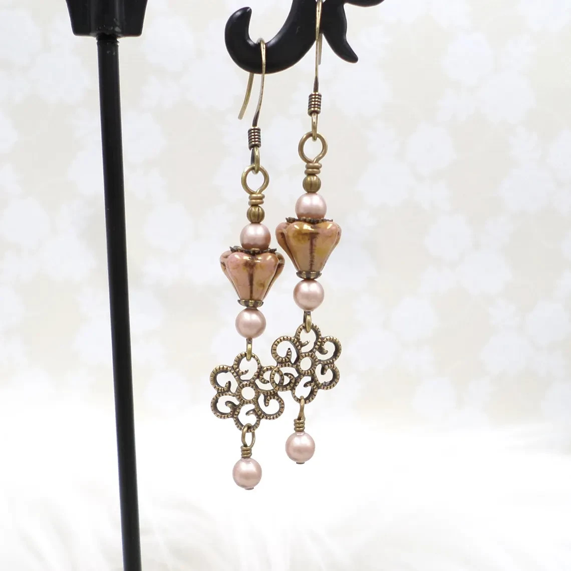 Victorian Style Brass Filigree Blush Pink Flower & Pearl Necklace Set