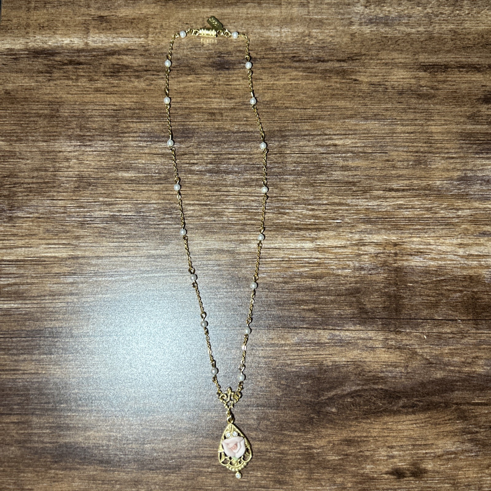1928 Jewelry – Gold-tone Crystal/Porcelain Rose/Simulated Pearl 17in Necklace