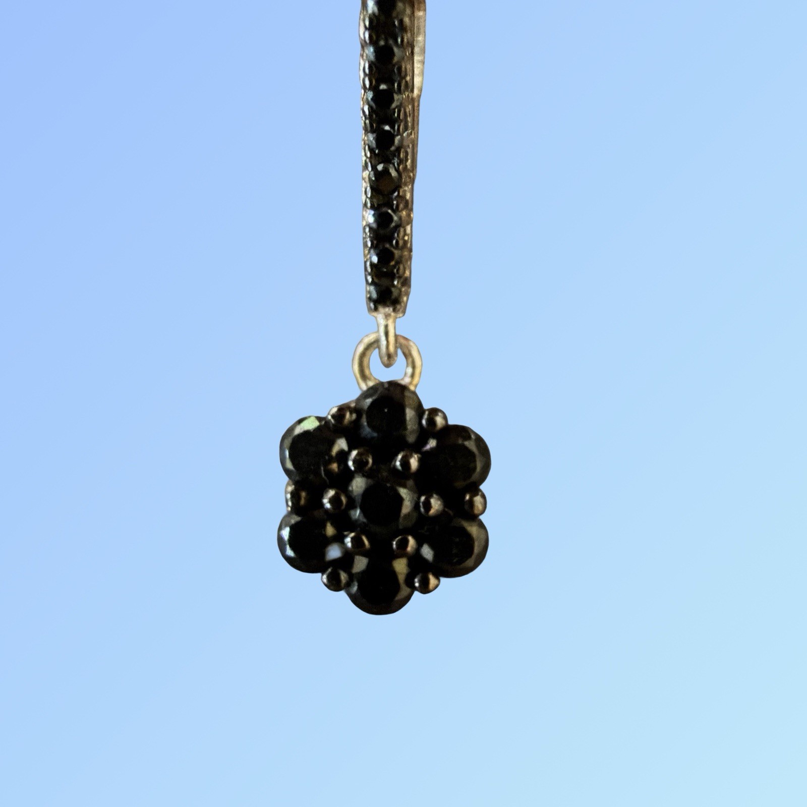 FZN Sterling Silver 925 Black Spinel Flower Cluster Leverback Drop Earrings CN