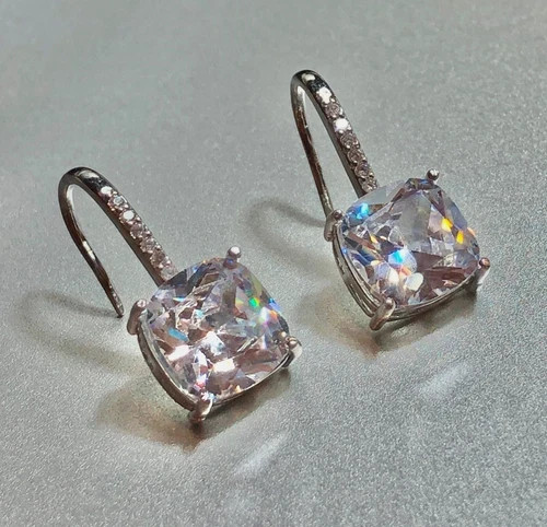 3CTW Simulated Diamond Cushion Drop Earrings 10k White Gold Plated Elegant Gift