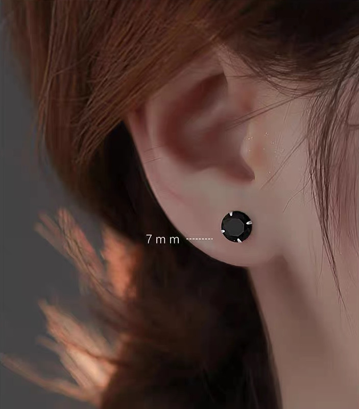 A Pair Solid 925 Sterling silver stud earrings black CZ round prong setting