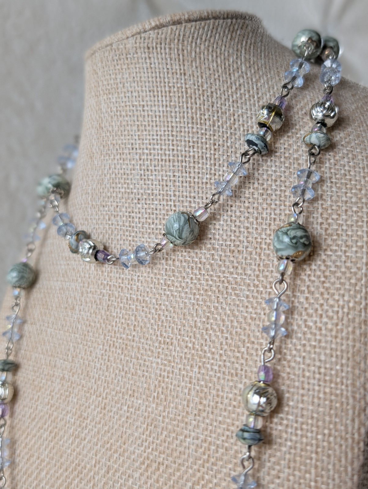 Long Beaded Necklace Blue Crystal Glass Stone Silver Tone Layering Boho