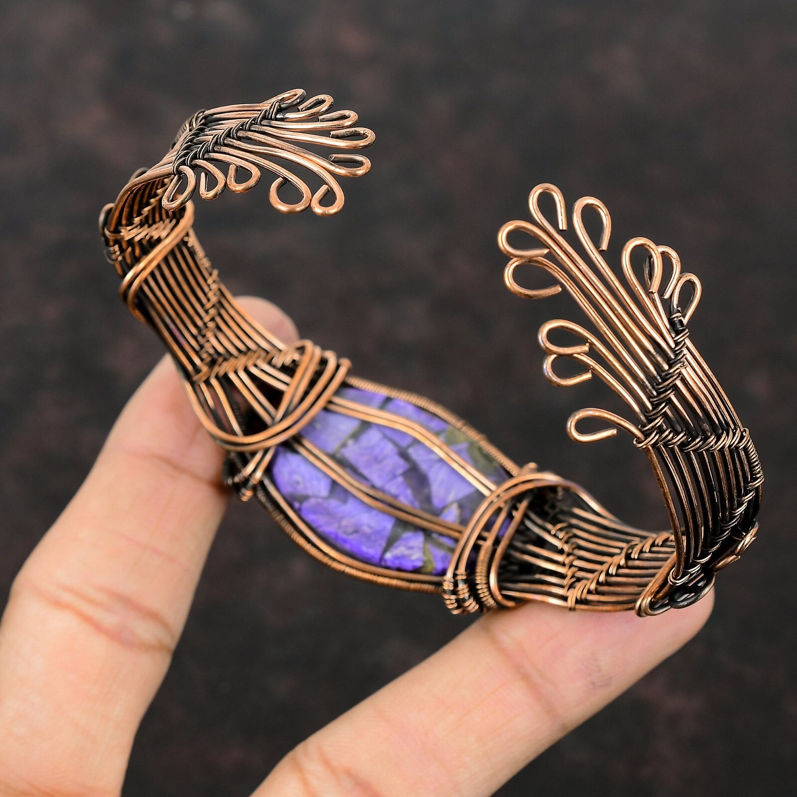 Gift For Her Russian Charoite Wire Wrapped Adjustable Cuff Copper Jewelry