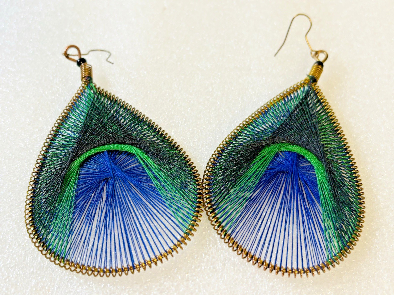 Woven String Art Dangle Bohemian Hook Earrings / Peacock Green & Blue 4.25″